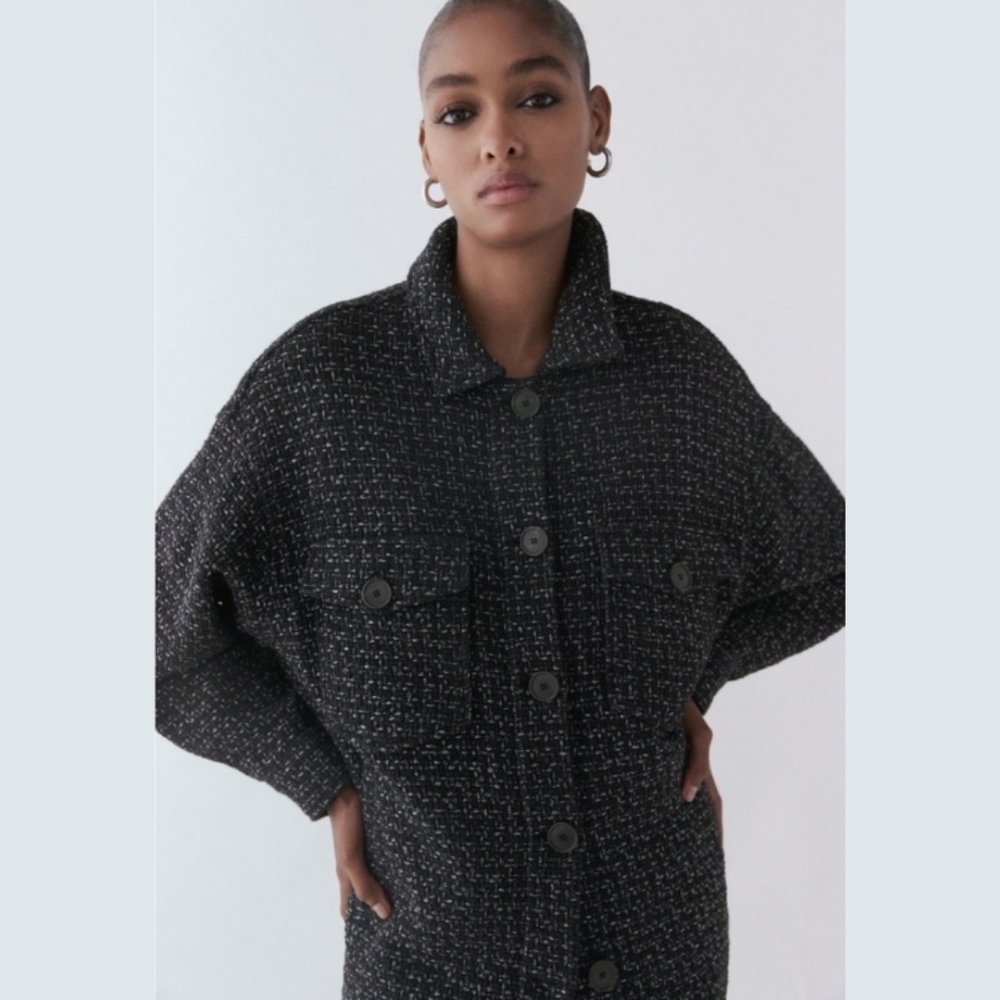 Zara Tweed Oversized Shirt Jacket Top Button Up M
